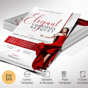 Weiß und Rot Valentinstag Bankett Flyer Vorlage für Canva, Elegante Bankett Einladung, Party Flyer, bearbeitbar druckbar, digitaler Download