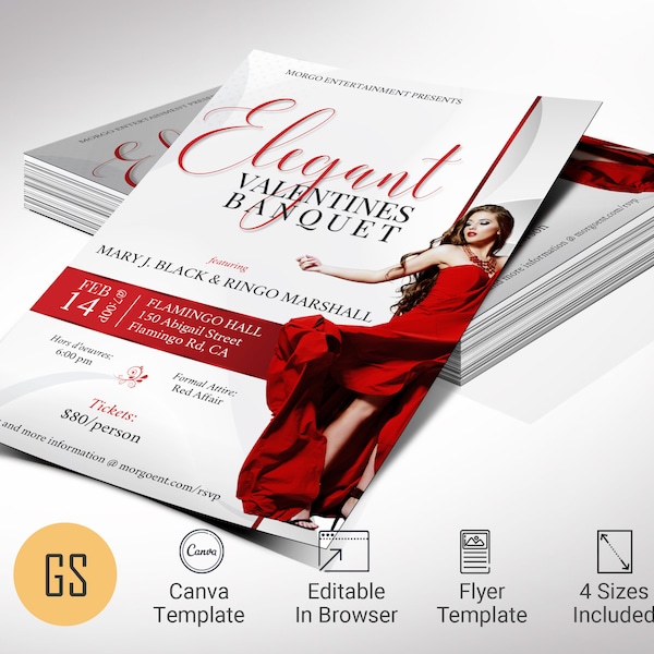 White and Red Valentines Day Banquet Flyer Template, Canva Template,  Elegant Banquet Invitation, Party Flyer