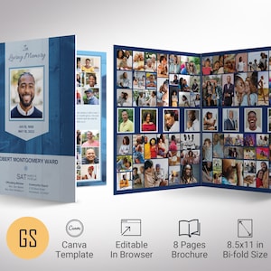 Blue Wood Funeral Program Template: 8-Page Celebration of Life (Canva, Digital Download)
