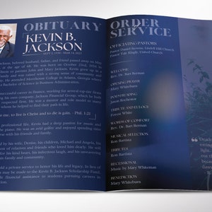 Say goodbye to the traditional, regular funeral program with the Dawn Funeral Program Template for Canva (8 pages, 11x8.5 inches, bifold to 5.5x8.5 inches). This expressively designed Dawn blue celebration of life bi-fold brochure