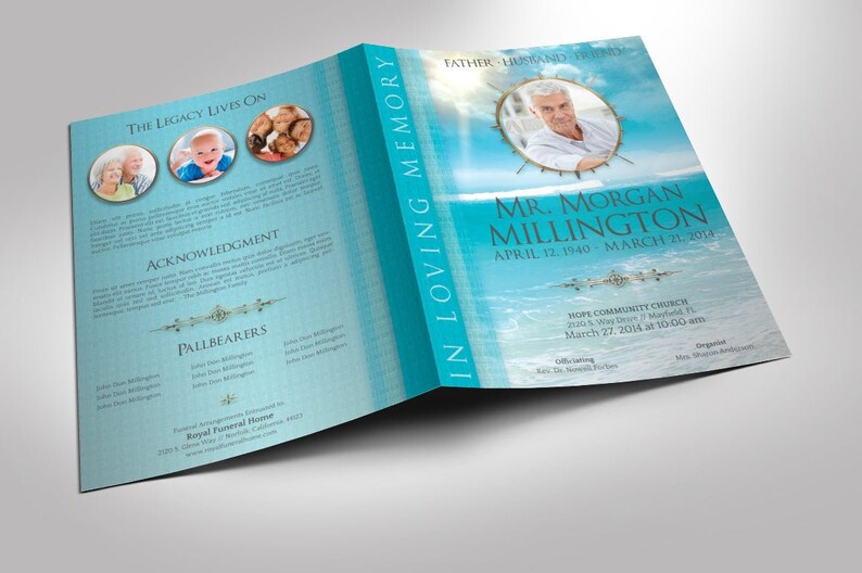 Oceanic Tabloid Funeral Program Template for Word and Publisher has 8 Pages. The celebration of life bi-fold brochure features a vivid ocean with a blue sky. The Print Size of 17x11 inches is Bi-Fold to 8.5x11 inches. An oceanic theme.