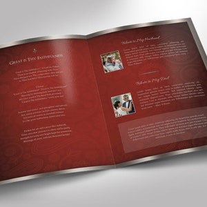 Burgundy Silver Funeral Program Tabloid Word and Publisher Template have 8 pages and feature a burgundy paisley background with silver decals. The Tabloid Print Size of 17x11 inches is Bi-Folded to 8.5x11 inches.