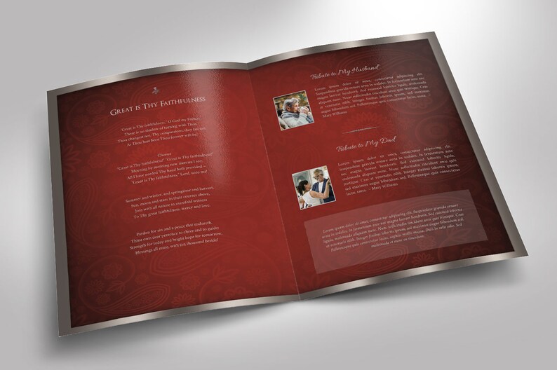 Burgundy Silver Funeral Program Tabloid Word and Publisher Template have 8 pages and feature a burgundy paisley background with silver decals. The Tabloid Print Size of 17x11 inches is Bi-Folded to 8.5x11 inches.