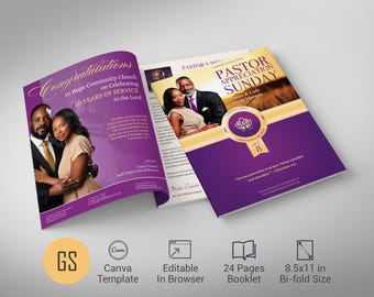 Church Souvenir Book Template: Purple and Gold 24 Page Pastor Appreciation Canva (8.5x11) Digital
