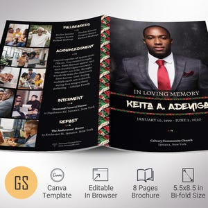 Plantilla de programa funerario africano para Canva, Kenia, negro, rojo y verde, celebración de la vida, obituario de hombres, 8 páginas, tamaño carta, 5,5 x 8,5 pulgadas