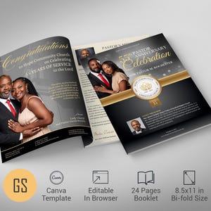 May include: A bi-fold booklet with a gold and black design, celebrating the 55th Pastor Anniversary. The cover features photos of couples and the text "Congratulations to Hope Community Church on Celebrating 55 Years of Service".