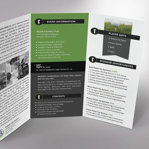 Charity Golf Tournament Brochure Word Template is designed with a classic golf theme of Green, black and white colors. Print Size: 11x8.5 inches, Tri-fold Size: 3.65x8.5 inches is for charity golf tournaments and tee-off games.