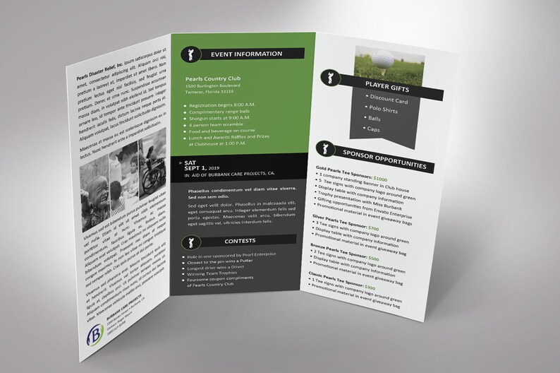 Charity Golf Tournament Brochure Word Template is designed with a classic golf theme of Green, black and white colors. Print Size: 11x8.5 inches, Tri-fold Size: 3.65x8.5 inches is for charity golf tournaments and tee-off games.