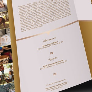 Golden Tabloid Funeral Program Word and Publisher Template, has Golden gradients, a Rose Gold background, and beautiful typography. The  Print Size is 17 x 11 inches, and Bi-fold Size is 8.5 x 11 inches. The program utilizes 52 photos