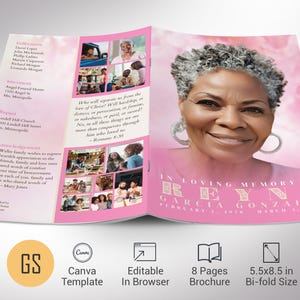 Plantilla de programa de funeral en color rosa / Diseño Canva de 8 páginas en beige con flores suaves / Libro de obituario para mujeres / Estilo de revista Celebration of Life, 5,5 x 8,5"