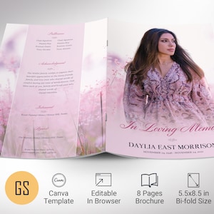 Plantilla de programa funerario Pink Love para Canva, celebración de la vida, servicio conmemorativo, plantilla de obituario de mujeres, 8 páginas, 5,5 x 8,5 pulgadas