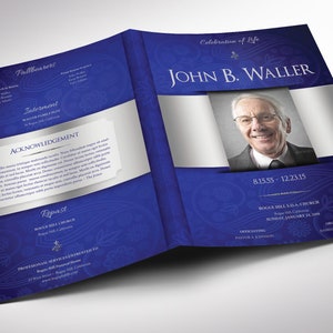 Blue Silver Tabloid Funeral Program Template Word Template, Publisher V1 Celebration of Life 8 Pages 11x17 in image 2