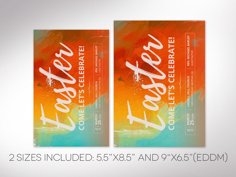 aster Sunday Church Postcard Template designed for Canva. Ideal for a church promotion and church invitation, this template comes in two sizes, 8.5x5.5 inches and the EDDM compliant size of 9x6.25 inches
