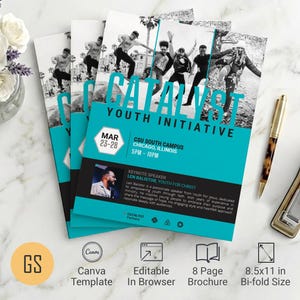Blue Catalyst Youth Conference Tabloid Program Template for Canva. Perfectly sized at 17x11 inches and folding to 8.5x11 inches, this 8-page bifold church program template offers plenty of room for your event schedule, speaker bios, ministry details, and volunteer opportunities
