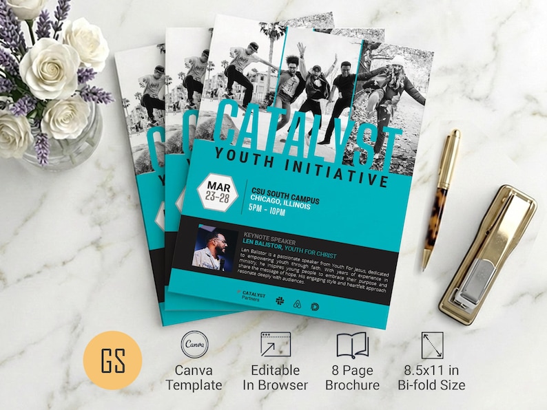 Blue Catalyst Youth Conference Tabloid Program Template for Canva. Perfectly sized at 17x11 inches and folding to 8.5x11 inches, this 8-page bifold church program template offers plenty of room for your event schedule, speaker bios, ministry details, and volunteer opportunities