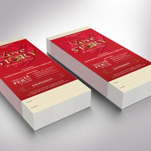 Valentines Day Love Story Ticket Template for Word and Publisher is Size 3x7 inches. It is created with red hearts, red background, and a golden title. Great for any Valentine's Day performance art event like plays, operas, musicals, short movies