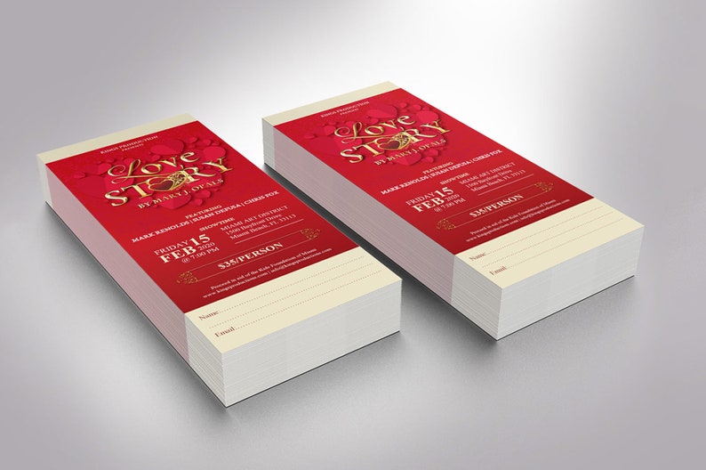 Valentines Day Love Story Ticket Template for Word and Publisher is Size 3x7 inches. It is created with red hearts, red background, and a golden title. Great for any Valentine's Day performance art event like plays, operas, musicals, short movies