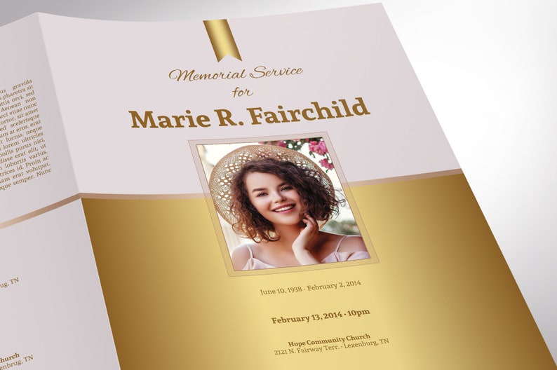 Golden Tabloid Funeral Program Word and Publisher Template, has Golden gradients, a Rose Gold background, and beautiful typography. The  Print Size is 17 x 11 inches, and Bi-fold Size is 8.5 x 11 inches. The program utilizes 52 photos