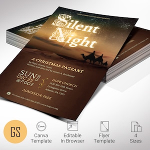 Silent Night Christmas Flyer Template for Canva. This template features a captivating silhouette of the three wise men and guided by the radiant Star of Bethlehem. Available in four versatile sizes (5x5, 5x7, 5.5x8.5, and 8.5x11 inches),