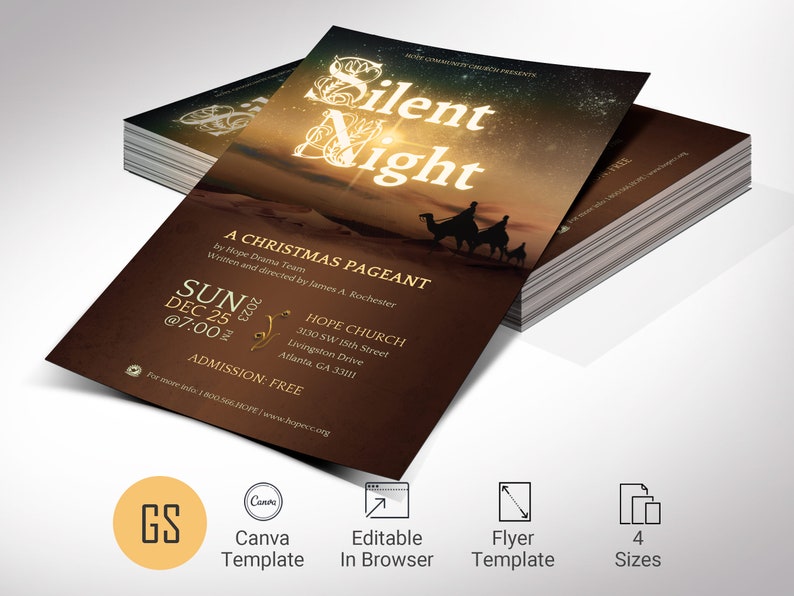 Silent Night Christmas Flyer Template for Canva. This template features a captivating silhouette of the three wise men and guided by the radiant Star of Bethlehem. Available in four versatile sizes (5x5, 5x7, 5.5x8.5, and 8.5x11 inches),