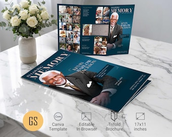 Plantilla de programa funerario Teal Dawn para Canva: Obituario tríptico estilo revista (11x17) Descarga digital