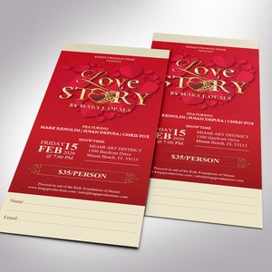 Valentines Day Love Story Ticket Template for Word and Publisher is Size 3x7 inches. It is created with red hearts, red background, and a golden title. Great for any Valentine's Day performance art event like plays, operas, musicals, short movies