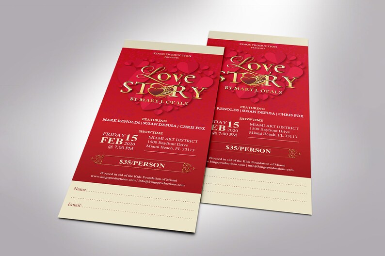 Valentines Day Love Story Ticket Template for Word and Publisher is Size 3x7 inches. It is created with red hearts, red background, and a golden title. Great for any Valentine's Day performance art event like plays, operas, musicals, short movies