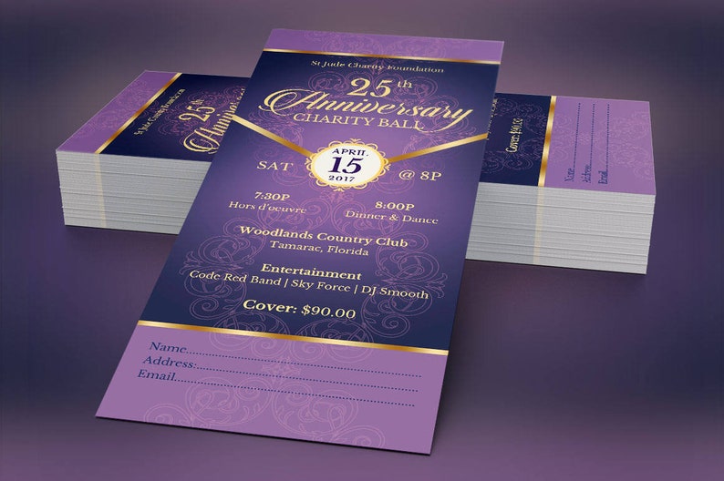 Purple Gold Anniversary Banquet Ticket Template, Word Template, Publisher, Church Anniversary, Gala Event, 3x7 inches image 6