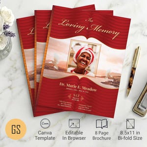 Red & Gold Waves Funeral Program Template: 8-Page Bifold Memorial Obituary (8.5x11) Digital Download