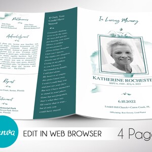 Op de afbeelding: Een blauwgroen en wit rouwprogramma met een zwart-witfoto van een vrouw. Het programma bevat de naam Katherine Rochester, de data 6 september 1949 - 6 juli 2022 en de tekst "In liefdevolle herinnering".