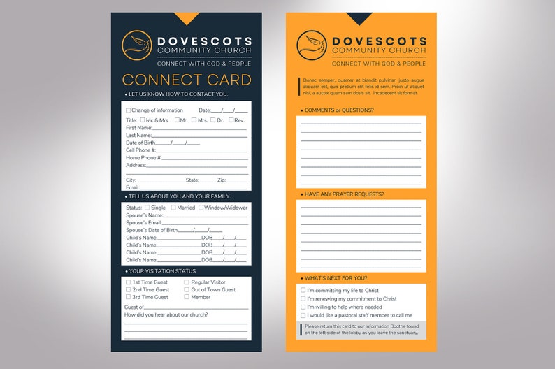 Modern Church Connect Card Template for Canva, Print Size 4.25x9.25 inches, Cut Size: 4x9 inches, is for church social and connection purposes. The church welcome card can be placed in the pews or given to visitors and members to gather information