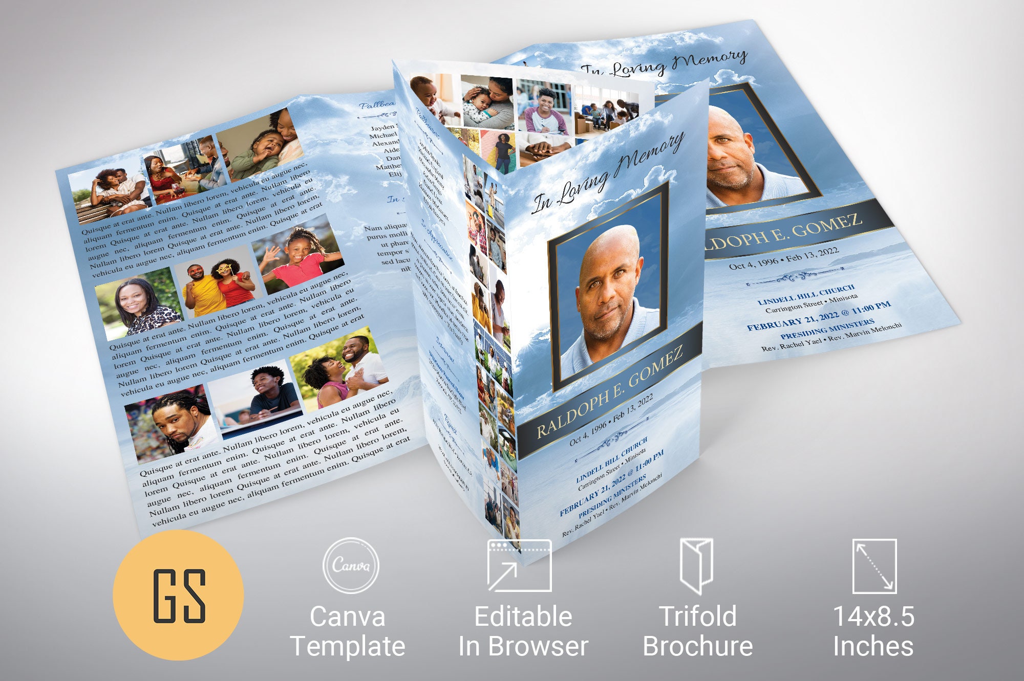 Blue & Gold Funeral Program Template | Canva: Trifold Memorial