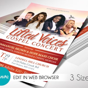 Modèle de Flyer de concert de gospel pour toile, or et rouge, invitation à un événement de culte musical à l'église, téléchargement numérique imprimable modifiable, 3 tailles
