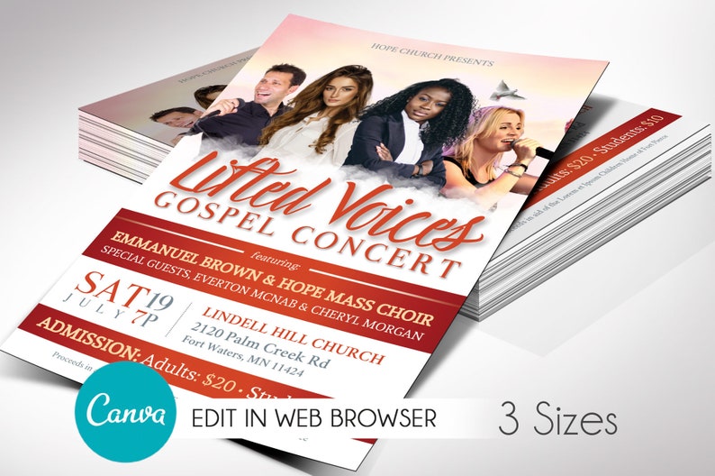 Gold and Red Gospel Concert Flyer Template, Canva Template, Church Invitation, Church Flyer, Worship Event, 3 Sizes image 1