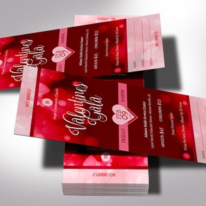 Red Hearts Valentines Day Gala Ticket Template for Templett dot com is size 3x7 inches. It features red heart background sprinkled with pink for Valentine's Day fundraising events. Perfect for churches and non-profit organizations.