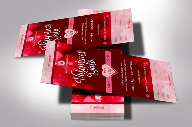 Red Hearts Valentines Day Gala Ticket Template for Templett dot com is size 3x7 inches. It features red heart background sprinkled with pink for Valentine's Day fundraising events. Perfect for churches and non-profit organizations.