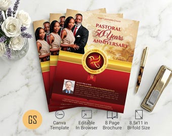 Clergy Anniversary Program Canva Template Gold Red 8 Page 11x17 Bifold Booklet