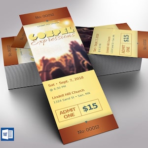 Lebendiges Evangelium-Konzert-Eintrittskarten-Vorlagen-Set, Word und Verlag, Kirchenkonzert, Musikveranstaltung, Größe 2×6 inches