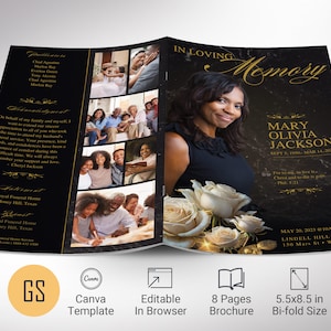 Plantilla clásica de programa funerario de rosas para Canva, oro negro, estilo revista, celebración de la vida, obituario para mujeres, 8 páginas, 5,5 x 8,5 pulgadas
