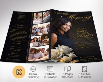 Classic Rose Funeral Program Template, Canva, Black Gold, Magazine-Style, Obituary Template, Celebration of Life, 8 Pages, 5.5x8.5 in