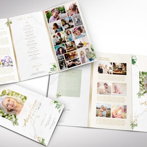 Tropica Tabloid Trifold Funeral Program Template for Word and Publisher is designed with green and gold, Tropical Florals, over a marble background. The ledger Print Size of 17x11 inches is Trifold to 5.75x11 inches. This celebration of life trifold
