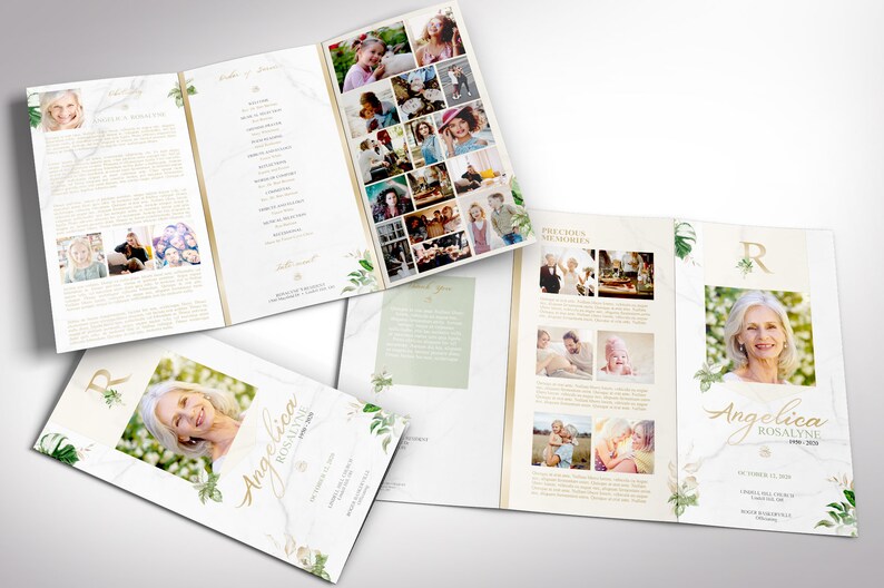 Tropica Tabloid Trifold Funeral Program Template for Word and Publisher is designed with green and gold, Tropical Florals, over a marble background. The ledger Print Size of 17x11 inches is Trifold to 5.75x11 inches. This celebration of life trifold