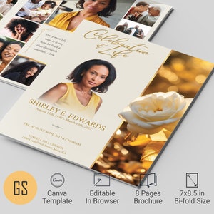 May include: A gold and white funeral programme template featuring a photograph of a woman and a white rose. The text reads "Celebration of Life" and "Shirley E. Edwards, August 15th, 1930 - March 13th, 2013".