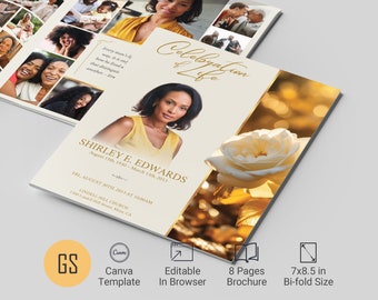 Plantilla de programa funerario de la Rosa Blanca: Beige y dorado, 8 páginas (Editable en Canva, 18 x 21,5 cm, Descarga digital)