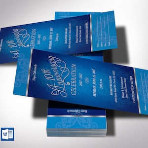 Jubiläumskirche Ticket Vorlagenset, Word und Verlag, Blau Silber Bankett Eintrag, bearbeitbar druckbar, digitaler Download, Größe 3x7 Zoll
