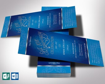 Church Anniversary Ticket Template for Word and Publisher - Blue Silver | Size 3x7 inches