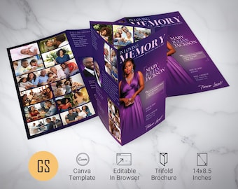 Plantilla para programa funerario Purple Dawn / Canva: Obituario tríptico legal estilo revista (14x8.5) Descarga digital