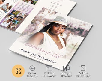 Purple Floral Funeral Program Canva Template 8 Page Legal Bifold Obituary Booklet (7x8.5 inches)