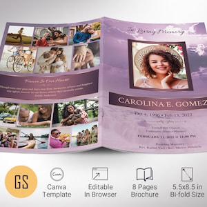 Purple Funeral Program Template: Celebration of Life, Obituary (Canva, 5.5x8.5 in, Digital Download)