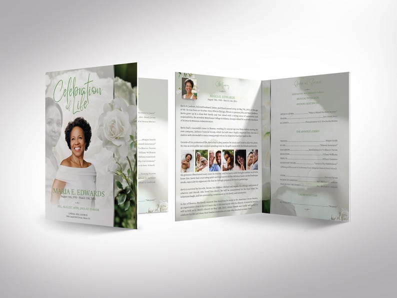 May include: A memorial program with a photo of a woman, white roses, and the text "Celebration of Life." The program is open, revealing additional photos and text. The woman's name is Maria E. Edwards.